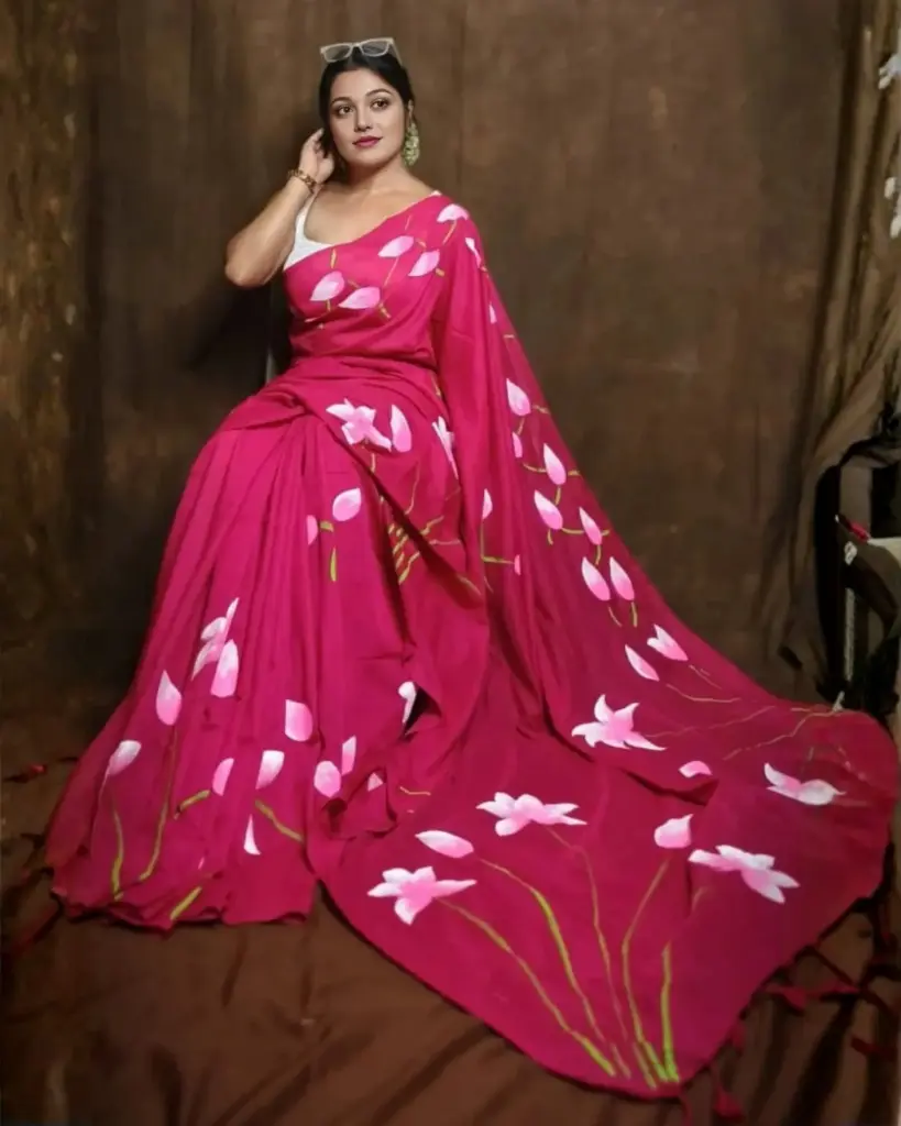 Deep Pink Lotus Handprint Bengal Cotton Saree