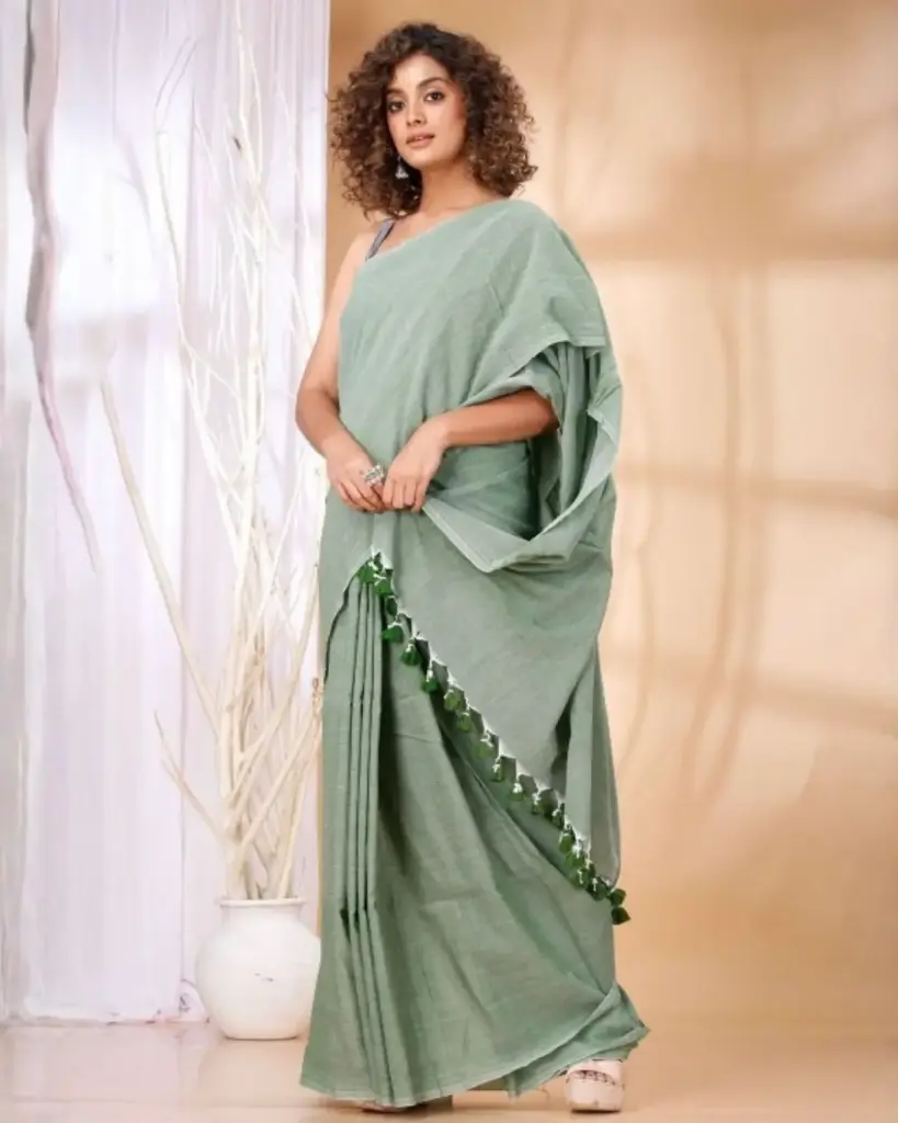 Aqua Green Plain Bengal Cotton Saree