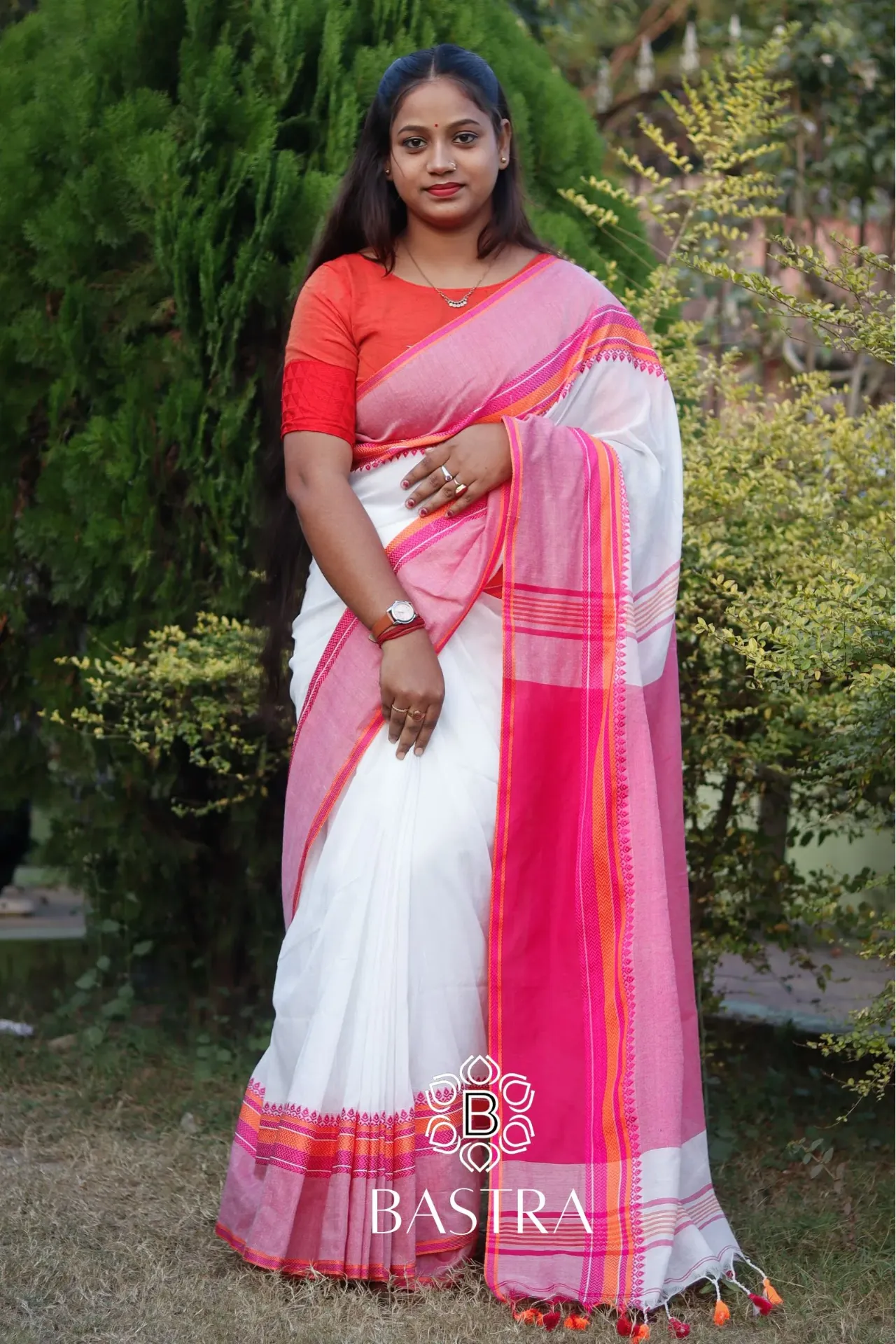 Pink & White Pure Bengal Cotton Saree